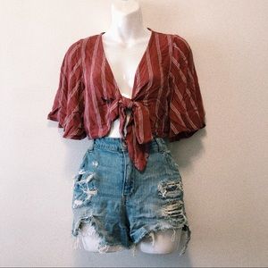 American Eagle Maroon Striped Tie Front Crop Top